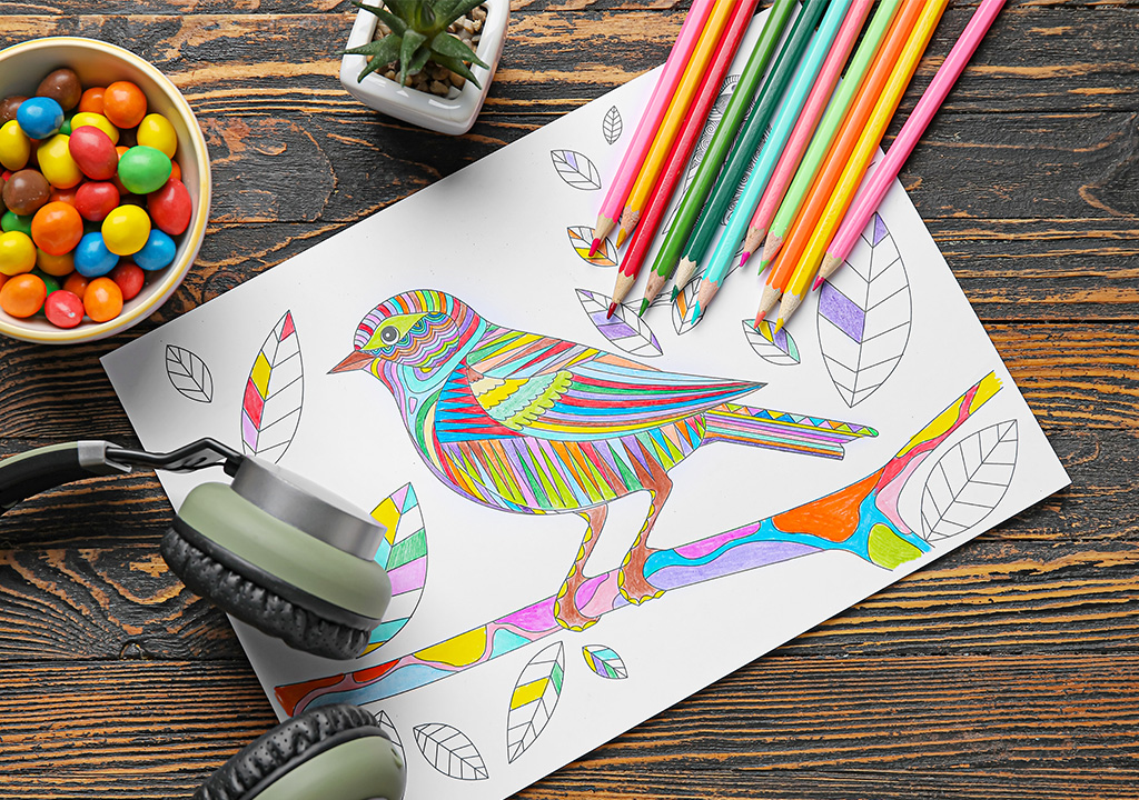 a coloring book page of a bird