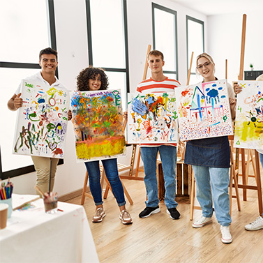 Group of people smiling happy canvas with draw standing at art studio.